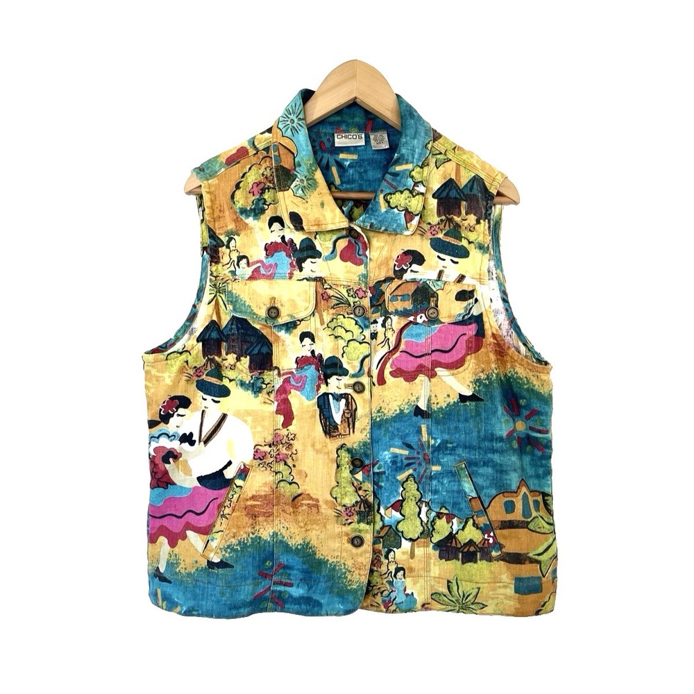 Chicos Womens Artsy Fiesta Linen‎ Vest Size 3 XL Multicolor Spanish Wearable Art